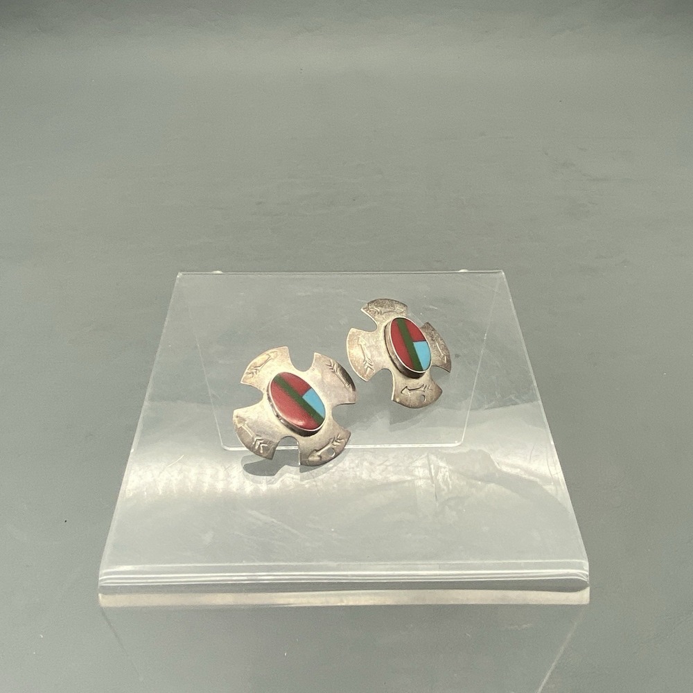 Vintage Southwest Silver Tone Inlay Turquoise Coral Sun Post Earrings